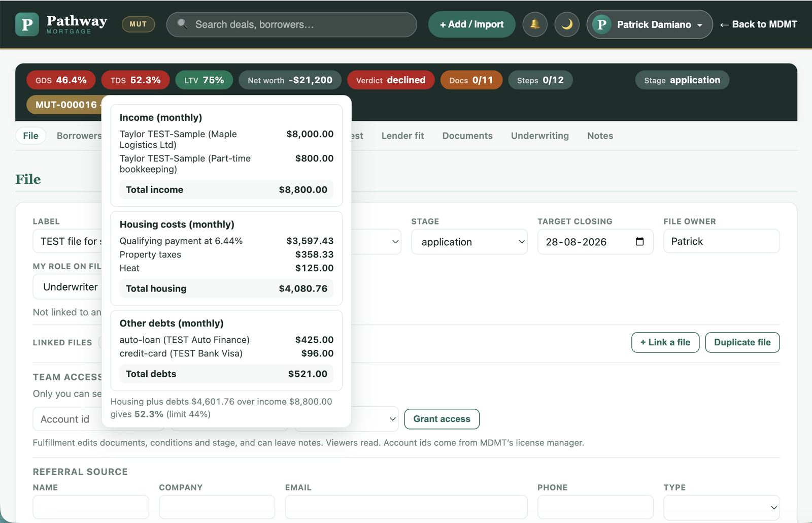 TDS chip pinned open showing the income and expense stack